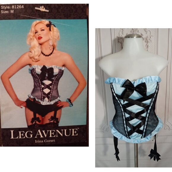 NWT Leg Avenue Blue Satin Corset W/ Padded Silhouette & Bow Trimmed Garter Sz M - Picture 1 of 7